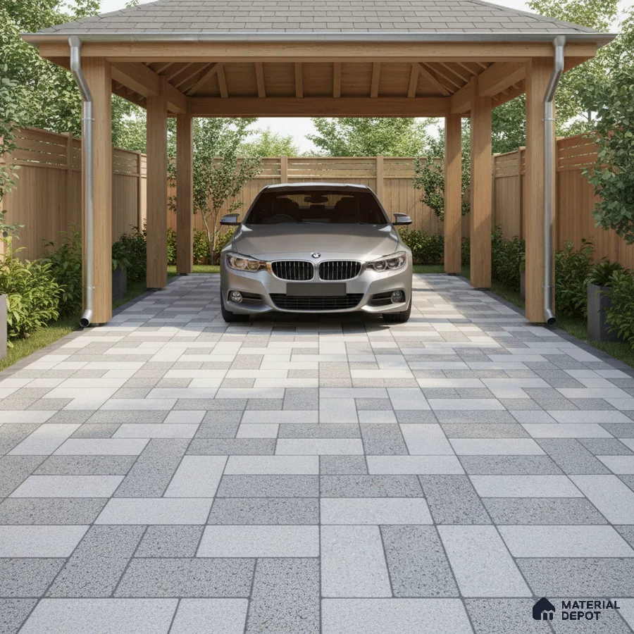 Modern parking with grey and white geometric outdoor floor tiles and natural wood pergola