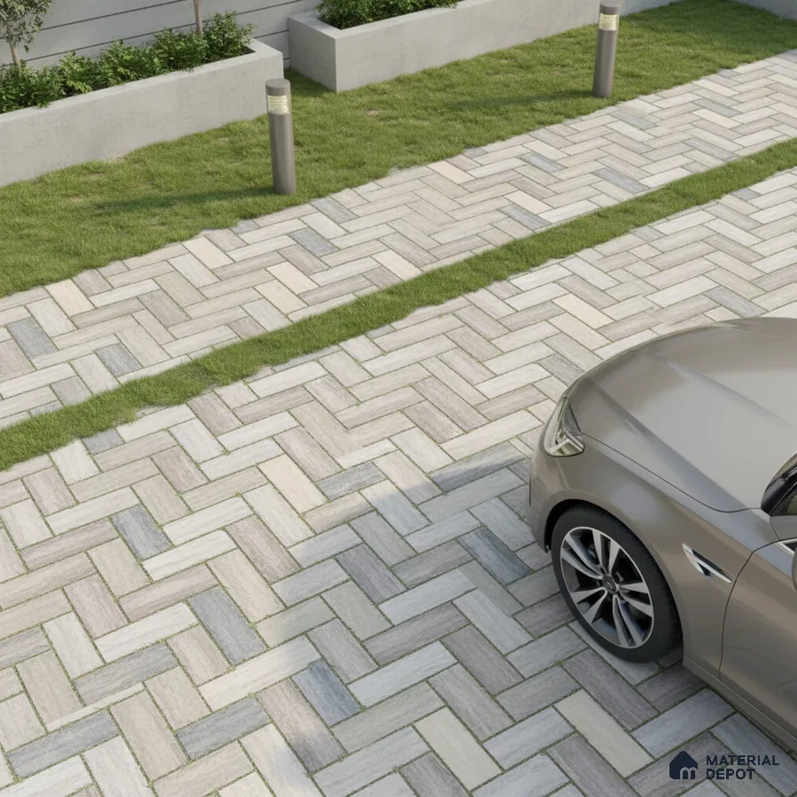 Modern parking with herringbone patterned outdoor tiles and grass strips