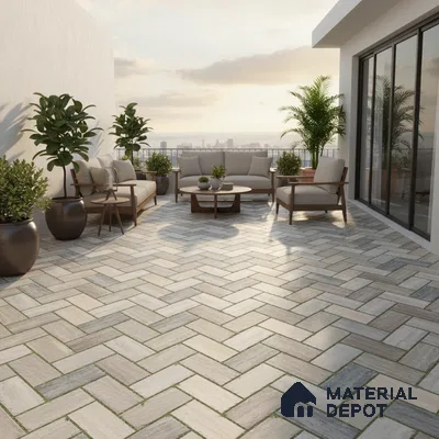 Scandinavian outdoor terrace with herringbone stone-look floor tiles and wooden furniture
