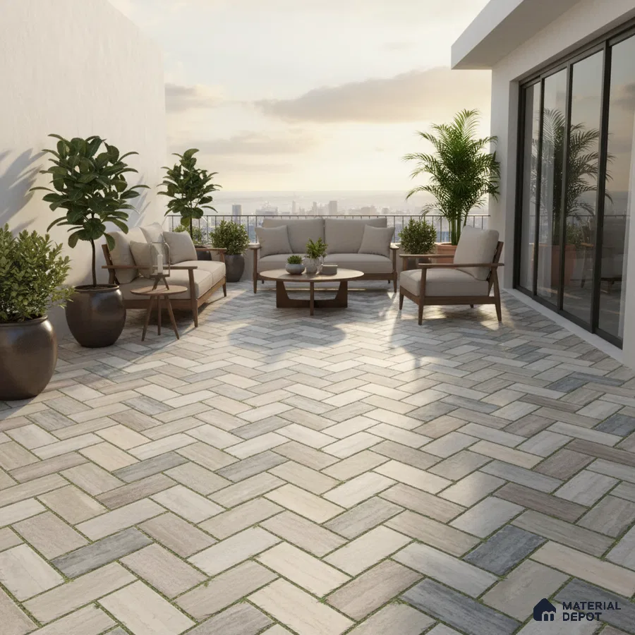 Scandinavian outdoor terrace with herringbone stone-look floor tiles and wooden furniture