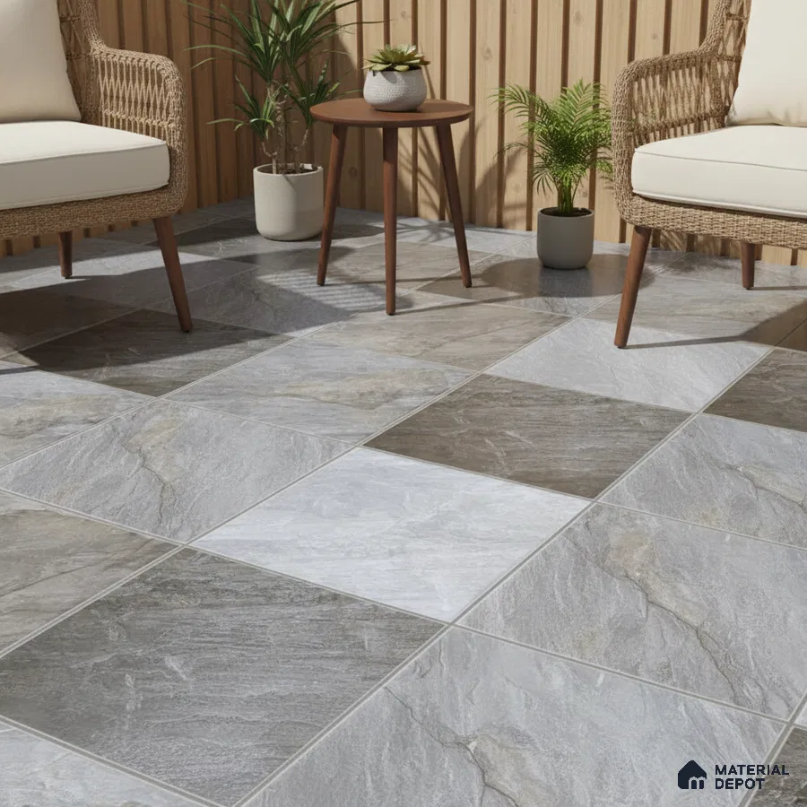 Scandinavian outdoor seating with grey stone-look floor tiles and vertical wood cladding