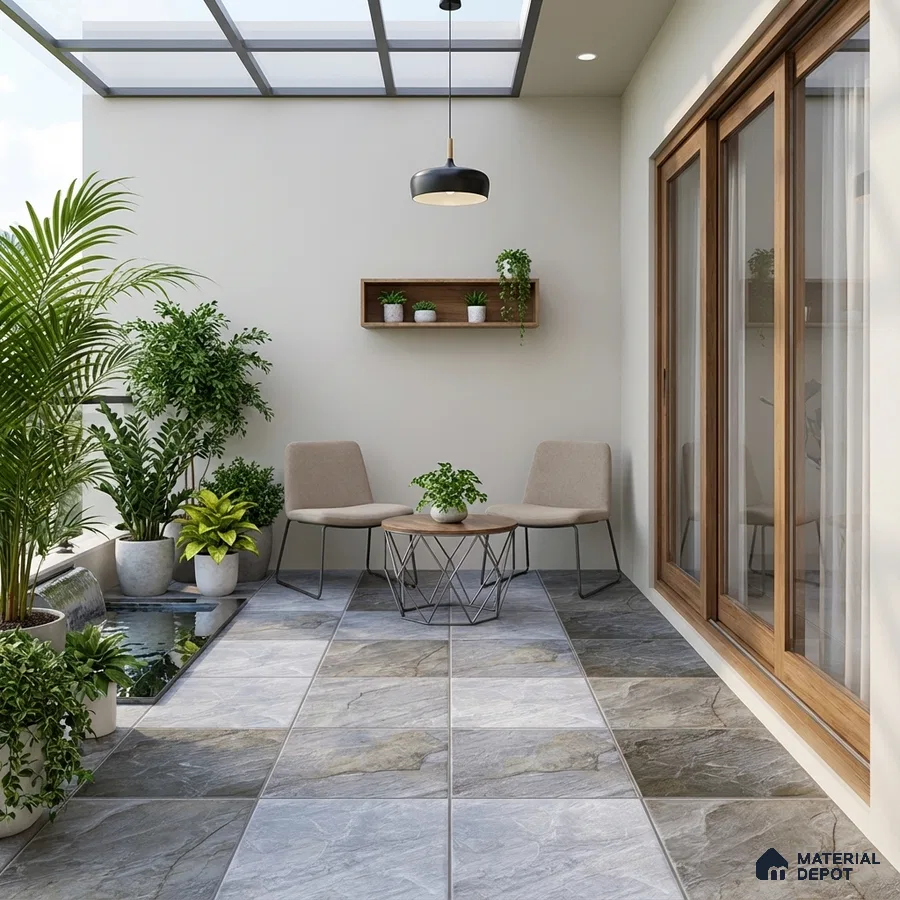 Modern balcony with stone-look floor tiles and wooden sliding doors