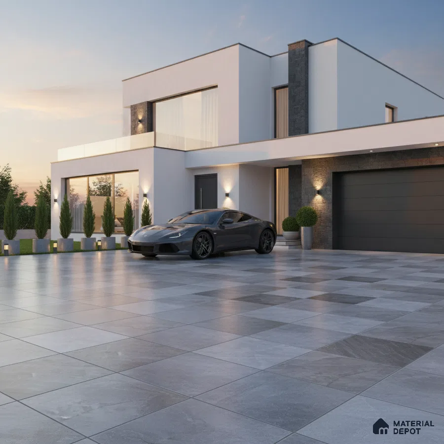 Modern parking with large format grey stone tiles and minimalist facade