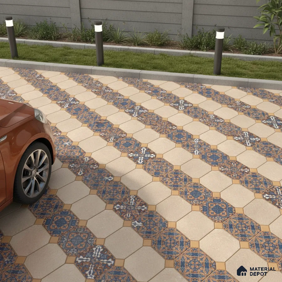 Mediterranean parking area with beige octagonal tiles and blue patterned moroccan accent tiles