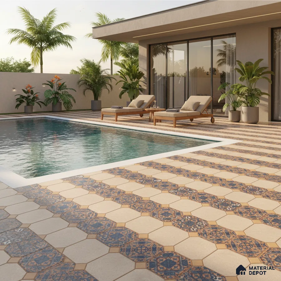 Mediterranean outdoor poolside with blue patterned hexagonal tiles and beige stone flooring