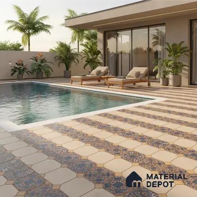 Mediterranean outdoor poolside with blue patterned hexagonal tiles and beige stone flooring