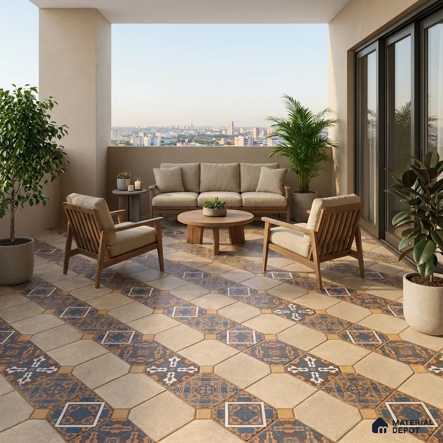 Mediterranean balcony with patterned blue and ochre floor tiles and wooden outdoor furniture
