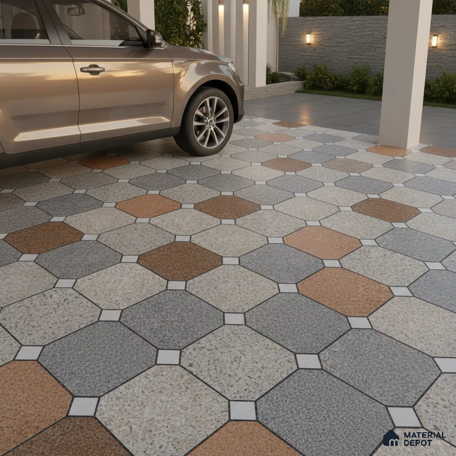 Modern parking with multicolor octagonal anti-skid floor tiles in grey and terracotta tones