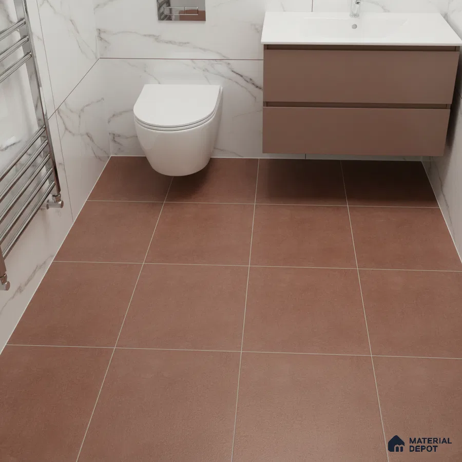 Modern bathroom with brown matte floor tiles and white marble-look wall tiles