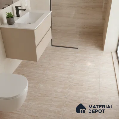Modern bathroom with beige marble-look wall and floor tiles and floating vanity
