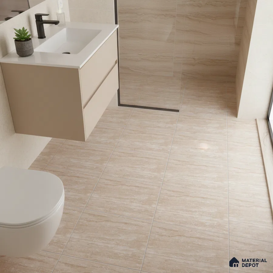 Modern bathroom with beige marble-look wall and floor tiles and floating vanity