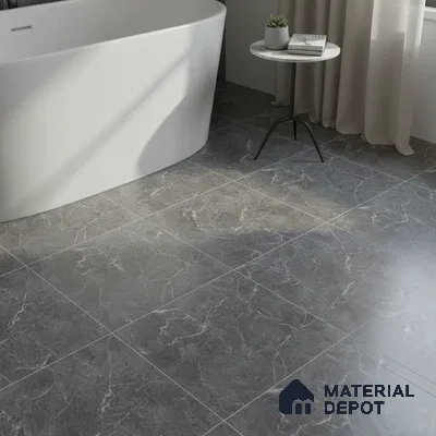 Minimalist bathroom with grey marble-look floor tiles and freestanding tub