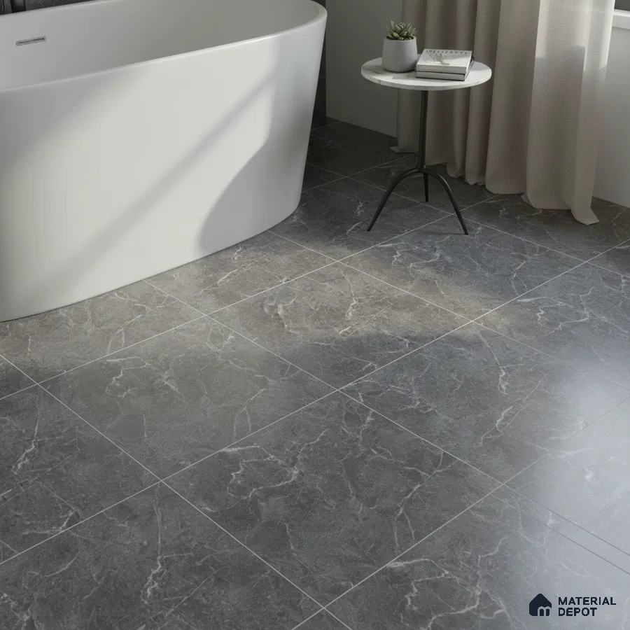 Minimalist bathroom with grey marble-look floor tiles and freestanding tub
