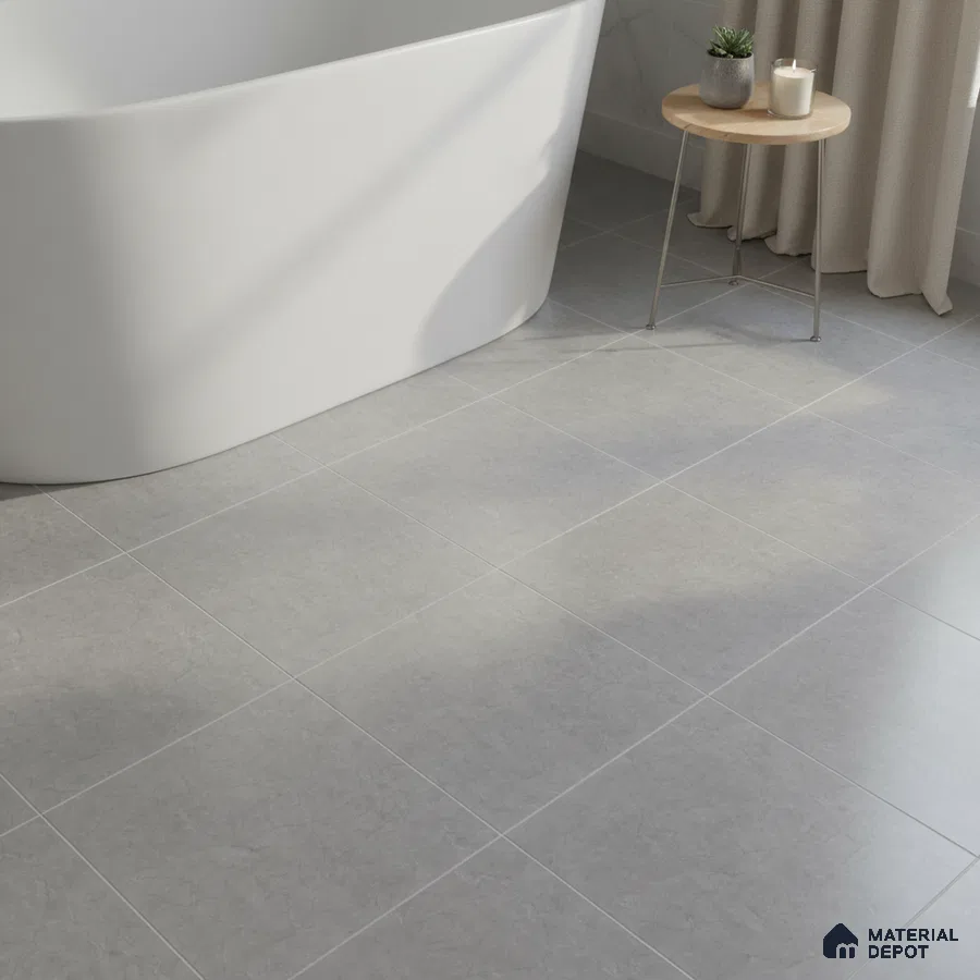 Minimalist bathroom with light grey matte floor tiles and freestanding tub