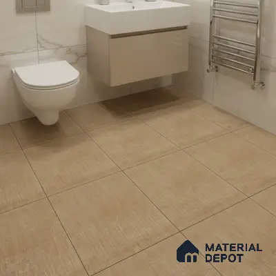 Modern bathroom with beige textured floor tiles and marble-look wall tiles