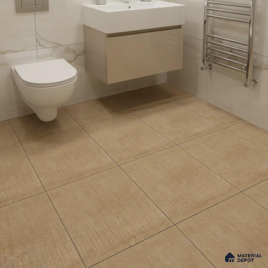 Modern bathroom with beige textured floor tiles and marble-look wall tiles