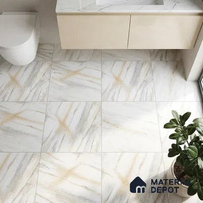 Modern bathroom with beige vanity and marble-look floor tiles