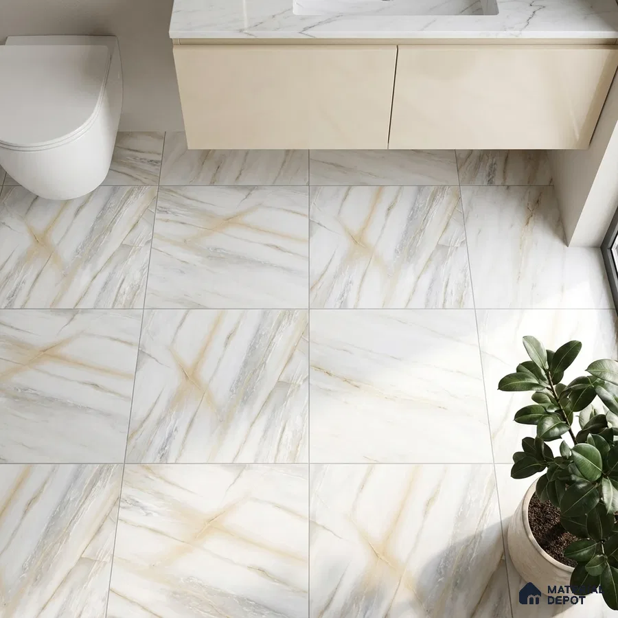 Modern bathroom with beige vanity and marble-look floor tiles
