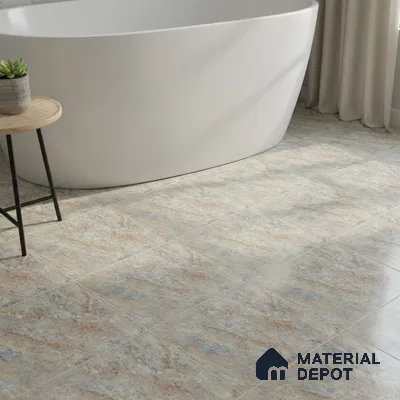 Modern bathroom with marble-look floor tiles and freestanding tub