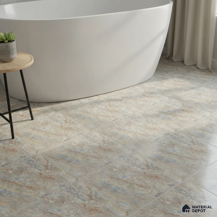 Modern bathroom with marble-look floor tiles and freestanding tub