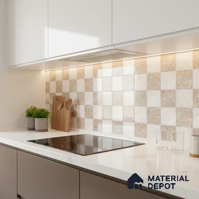 Modern kitchen with beige and white checkerboard backsplash tiles and white marble countertop