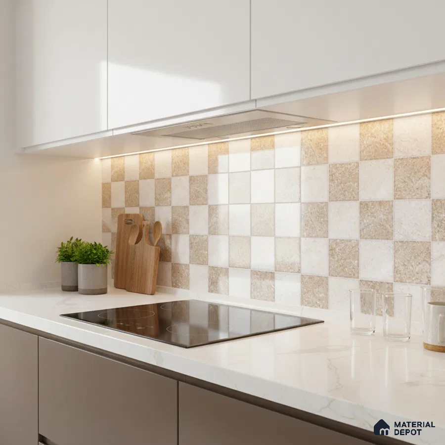 Modern kitchen with beige and white checkerboard backsplash tiles and white marble countertop