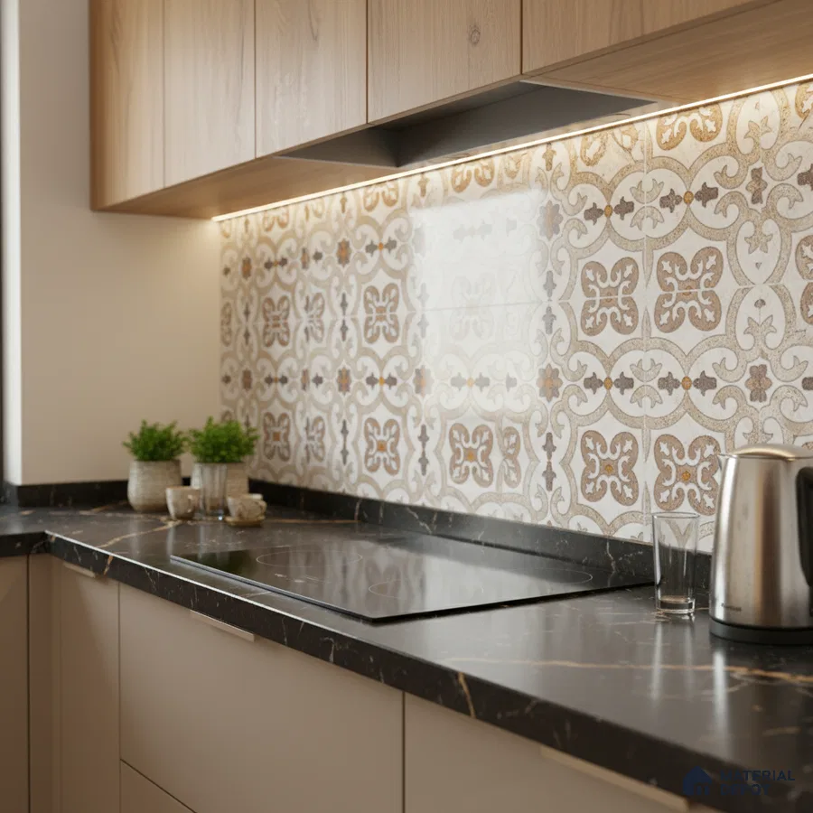 Modern kitchen with patterned moroccan backsplash tile, black marble countertop, and light wood laminate cabinets