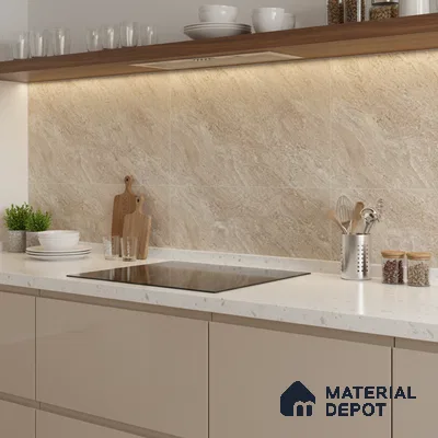 Modern kitchen with beige marble-look backsplash tile, white quartz countertop, and taupe glossy laminate cabinets