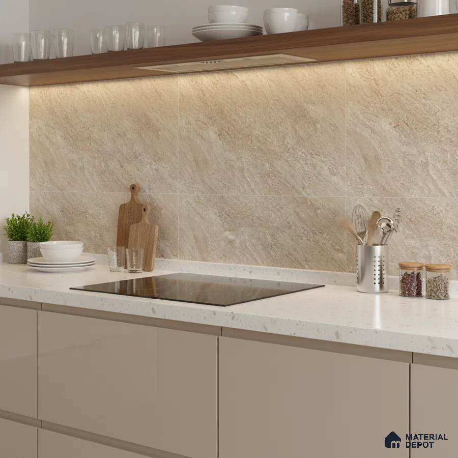 Modern kitchen with beige marble-look backsplash tile, white quartz countertop, and taupe glossy laminate cabinets
