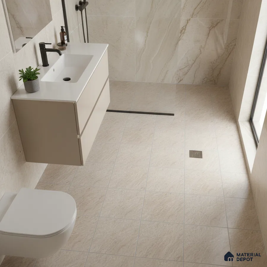 Modern bathroom with beige marble wall tiles and matte beige floor tiles