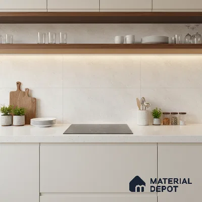 Minimalist kitchen with frosty white laminate, white quartz countertop, and walnut open shelves