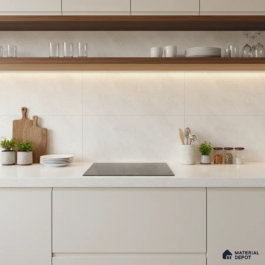 Minimalist kitchen with frosty white laminate, white quartz countertop, and walnut open shelves