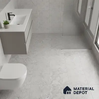 Minimalist bathroom with light grey marble-look tiles and floating vanity