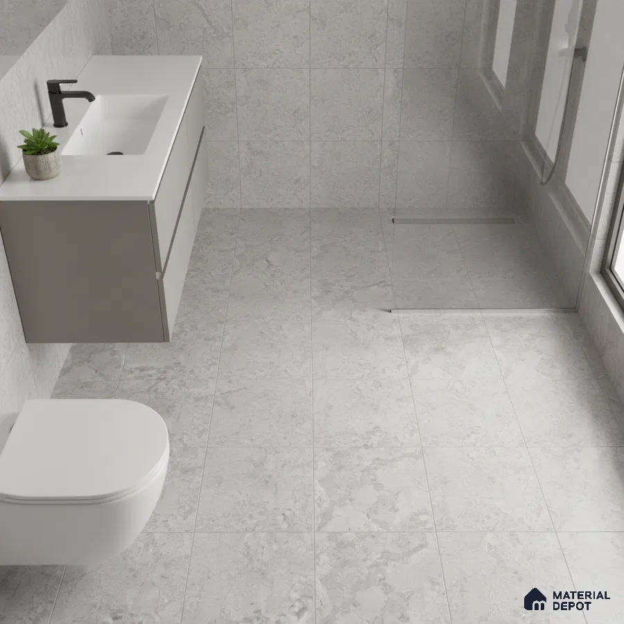 Minimalist bathroom with light grey marble-look tiles and floating vanity