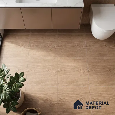 Modern bathroom with wood-look floor tiles and marble countertop vanity