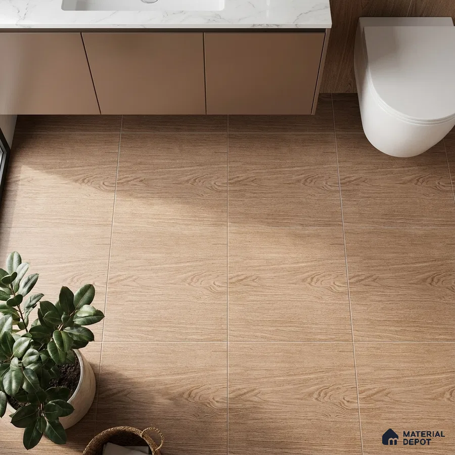 Modern bathroom with wood-look floor tiles and marble countertop vanity