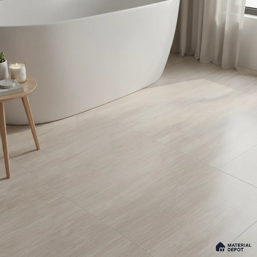 Minimalist bathroom with light beige stone-look floor tiles and freestanding tub