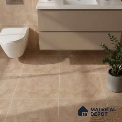 Modern bathroom with beige marble-look tiles and matte taupe vanity