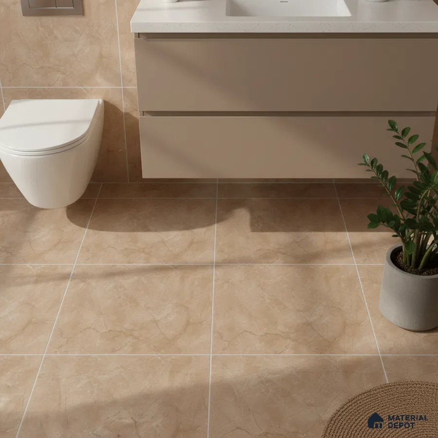 Modern bathroom with beige marble-look tiles and matte taupe vanity