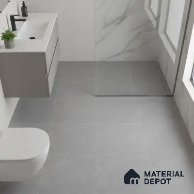 Minimalist bathroom with grey floor tiles and white marble-look wall tiles