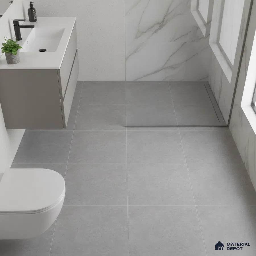 Minimalist bathroom with grey floor tiles and white marble-look wall tiles