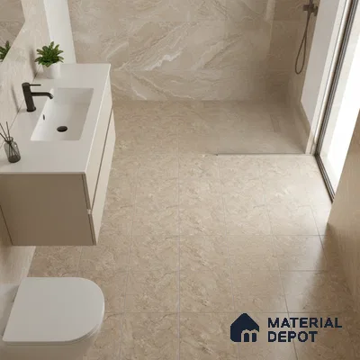Modern bathroom with beige marble-look wall and floor tiles and floating vanity