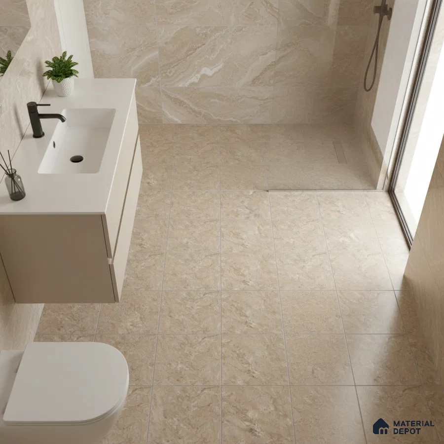 Modern bathroom with beige marble-look wall and floor tiles and floating vanity
