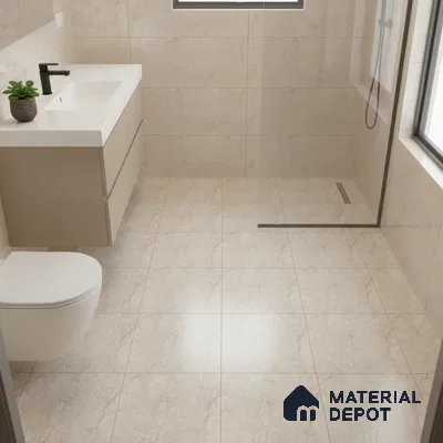 Modern bathroom with beige marble-look wall and floor tiles and taupe floating vanity