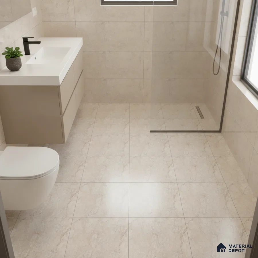 Modern bathroom with beige marble-look wall and floor tiles and taupe floating vanity
