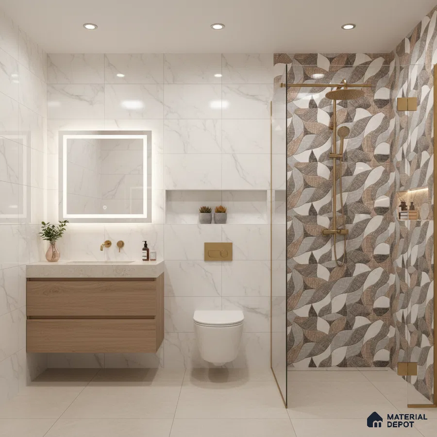 Modern bathroom with marble-look wall tiles, geometric patterned shower wall tile, and light wood floating vanity