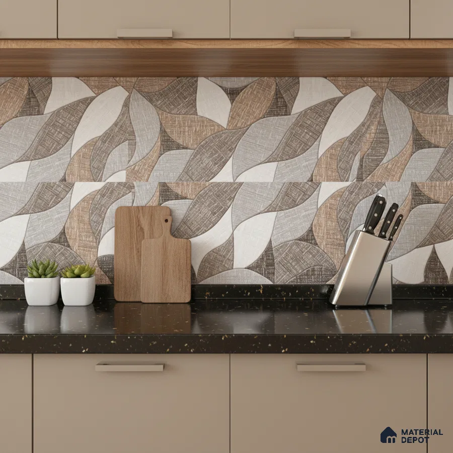 Modern kitchen with beige laminate cabinets, black quartz countertop, and geometric patterned backsplash tiles