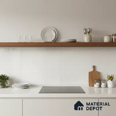 Minimalist kitchen with white quartz countertop, matte white cabinets, and walnut wood open shelf