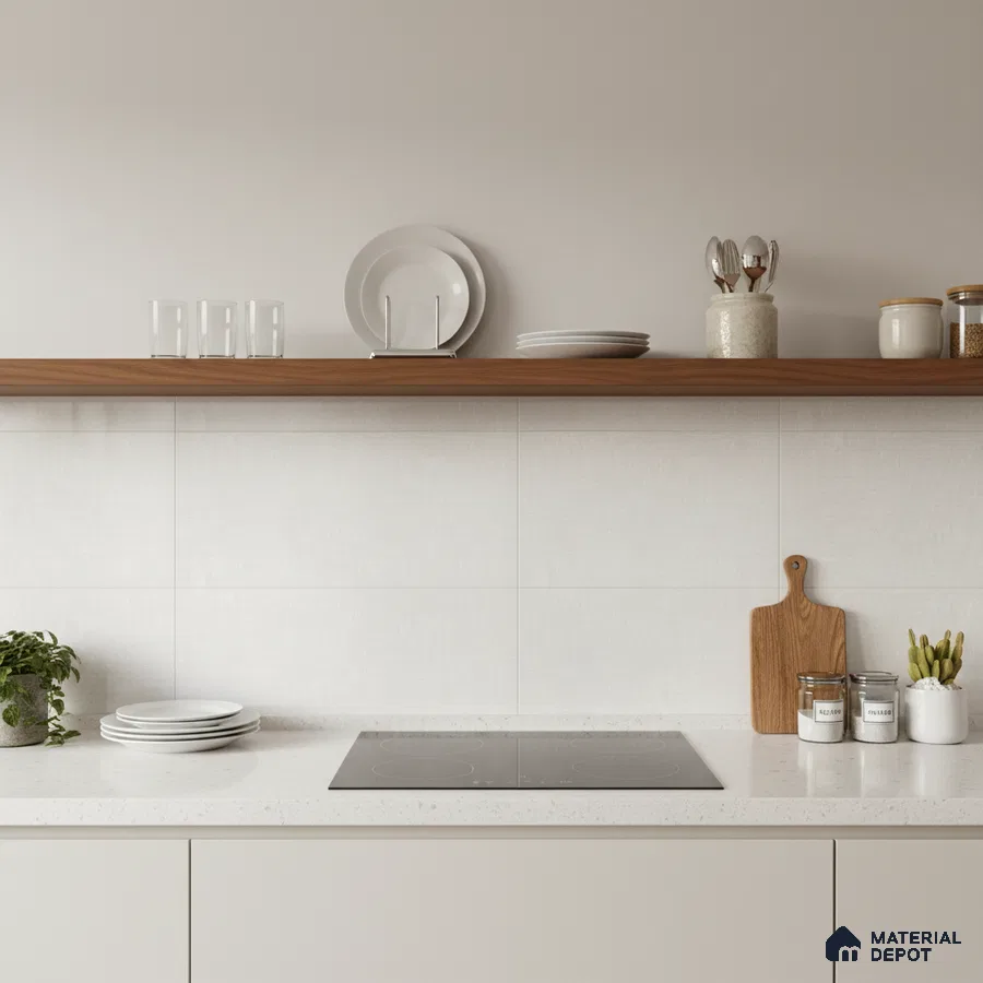 Minimalist kitchen with white quartz countertop, matte white cabinets, and walnut wood open shelf