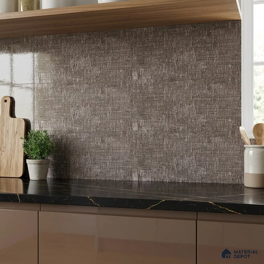 Modern kitchen with textured brown backsplash tile and black marble countertop